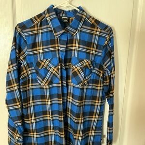 Eddie Bauer Women's Blue and Brown Plaid Button-Down Shirt